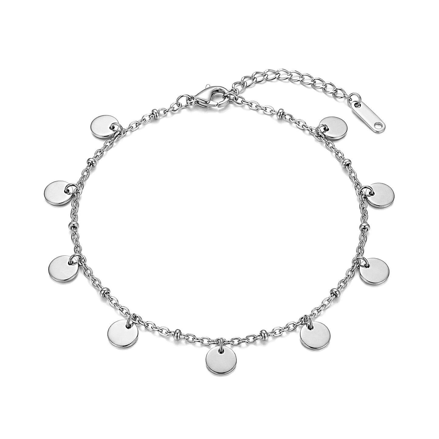 Silver disc ankle bracelet with round charms on a white background