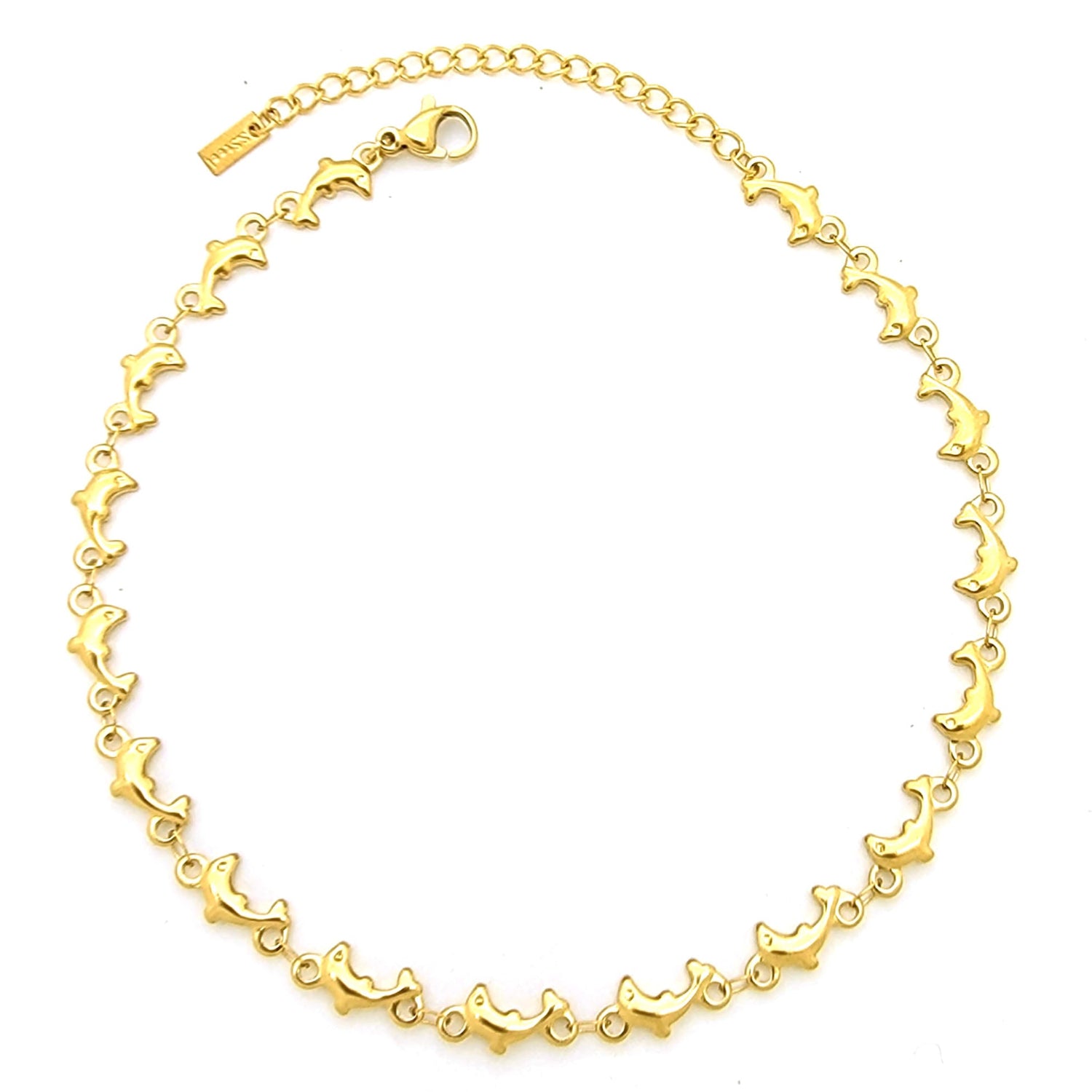Gold necklace with moon and star designs on a white background