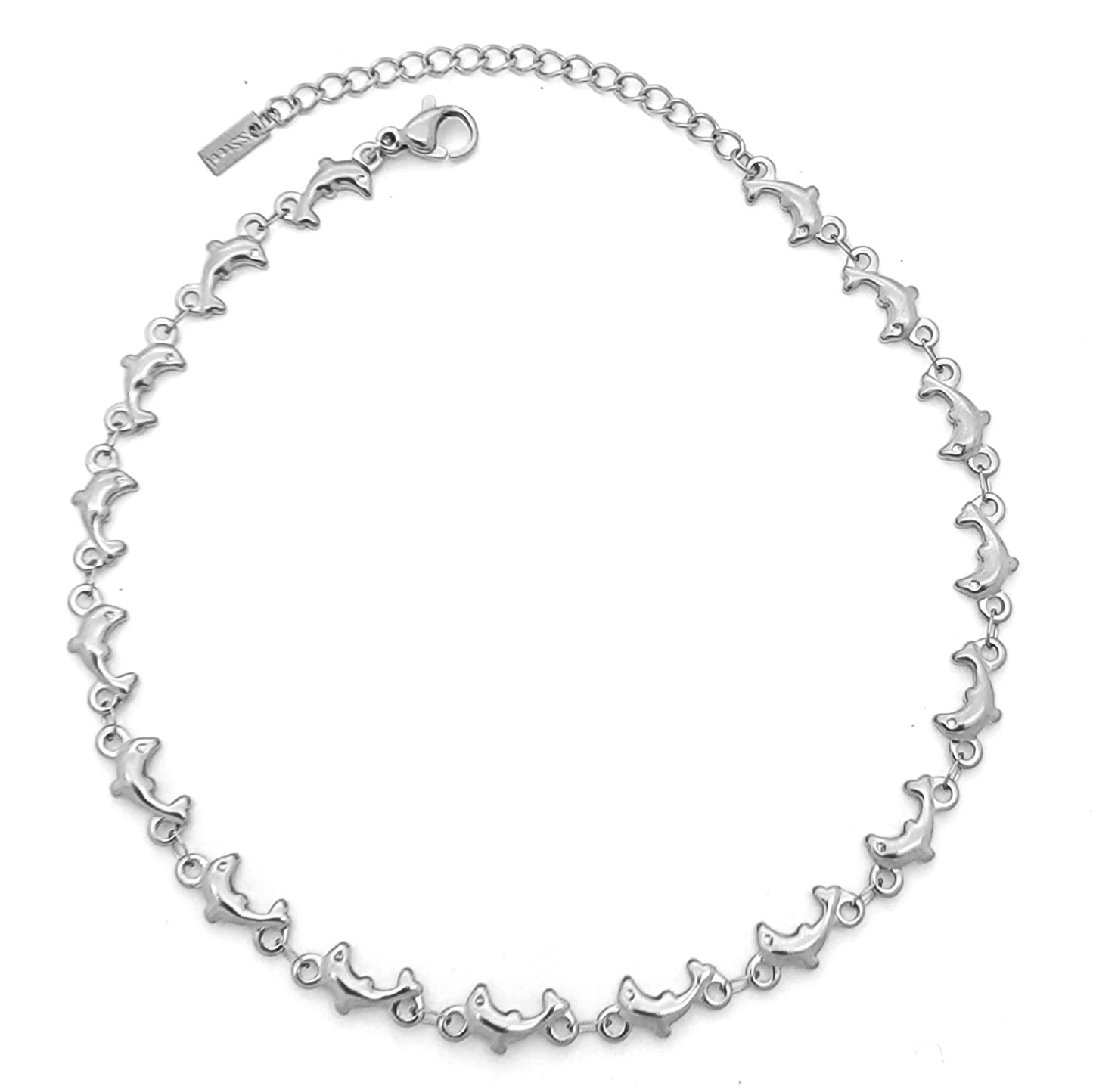 Silver necklace with a lobster clasp on a white background