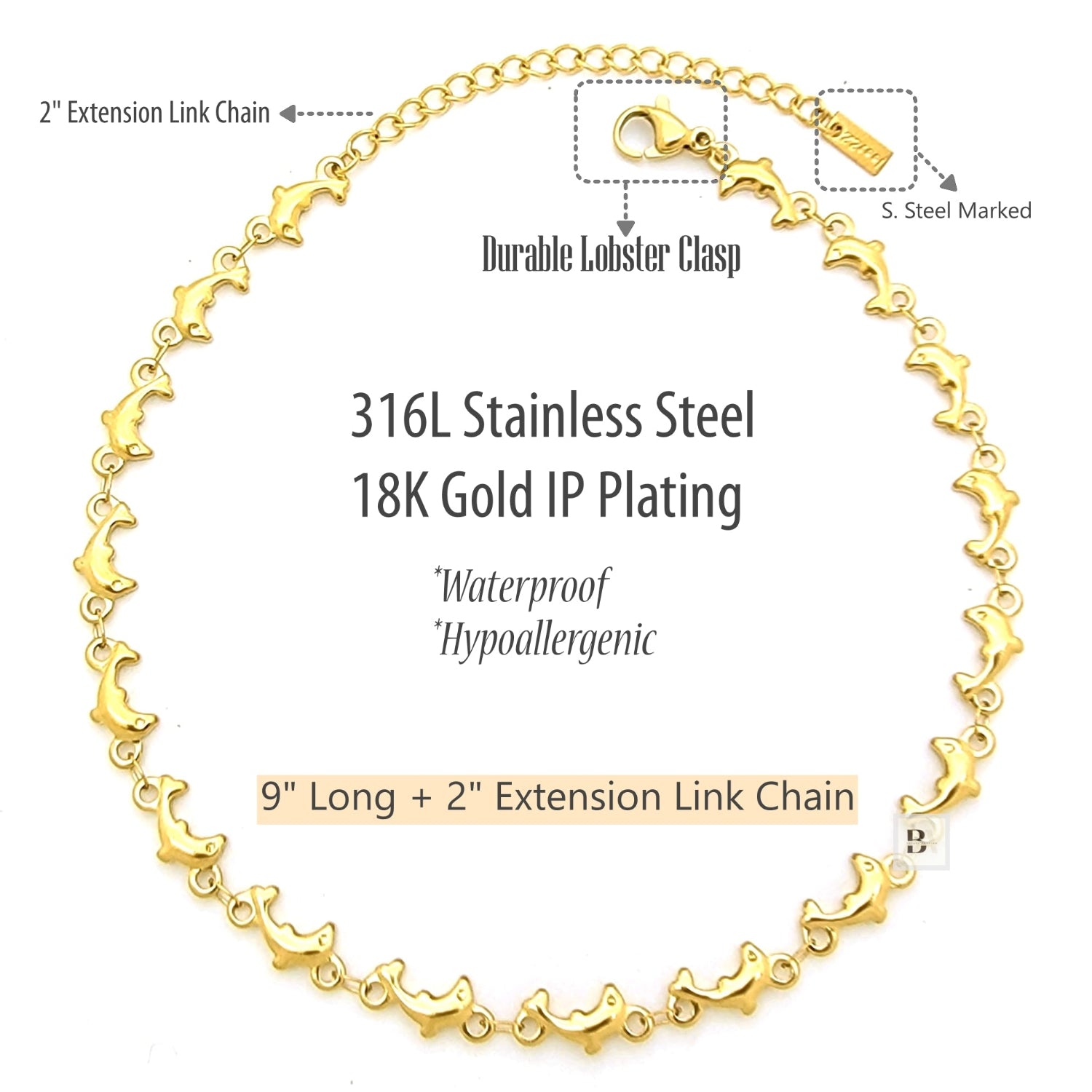 Gold bracelet with text detailing material and features on a white background