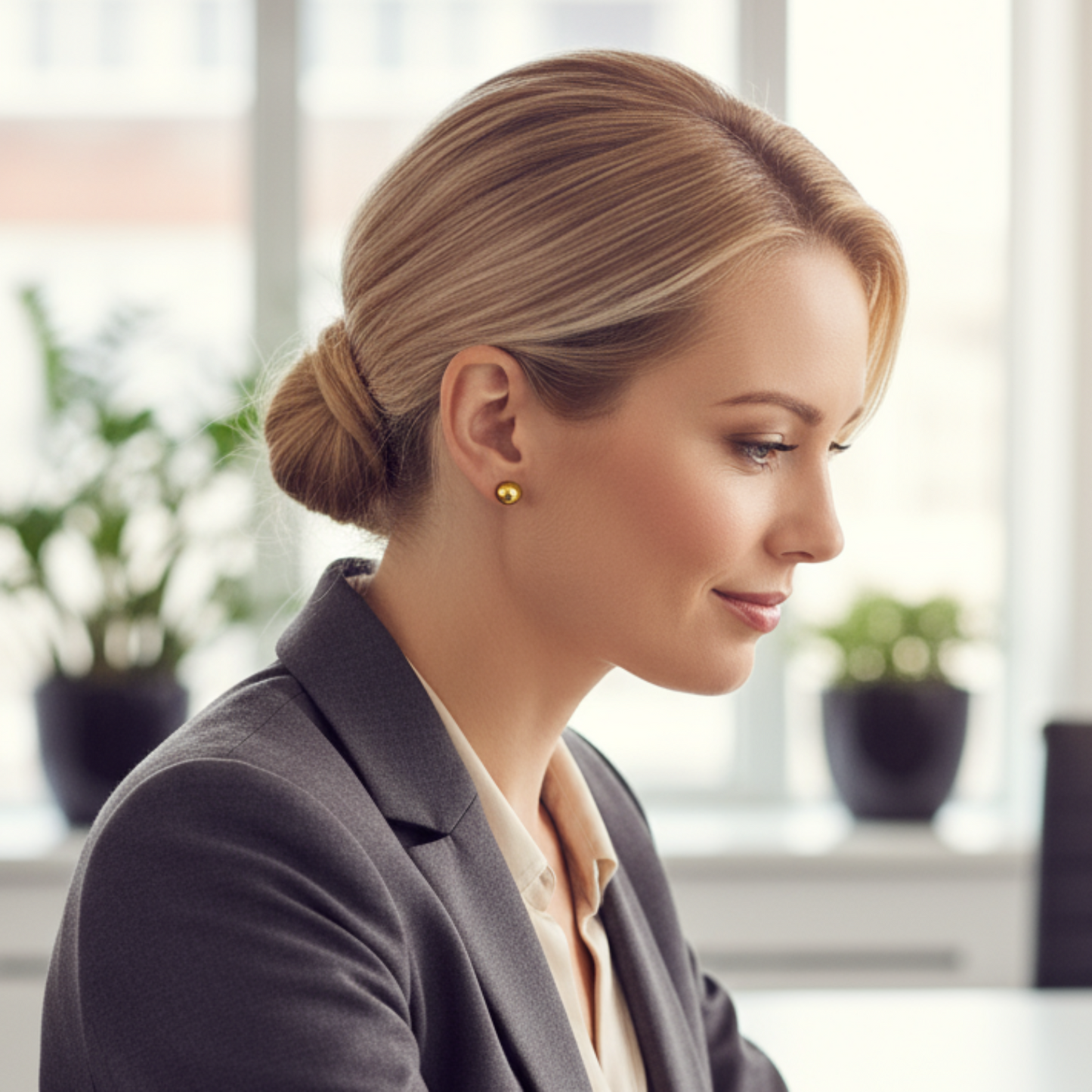 Woman wearing Gold Stud Earring in a professional setting, possibly an office, with a blurred background.