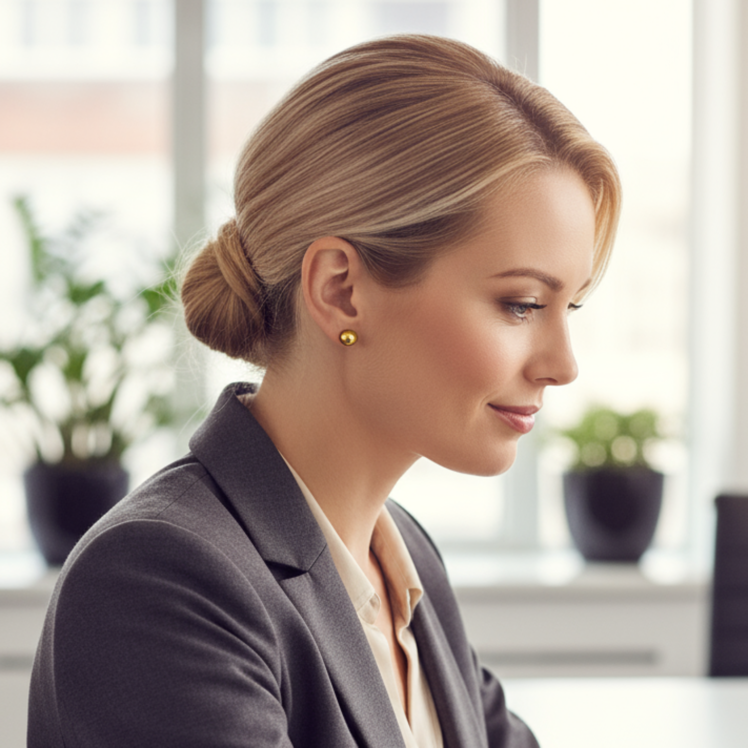 Woman wearing Gold Stud Earring in a professional setting, possibly an office, with a blurred background.