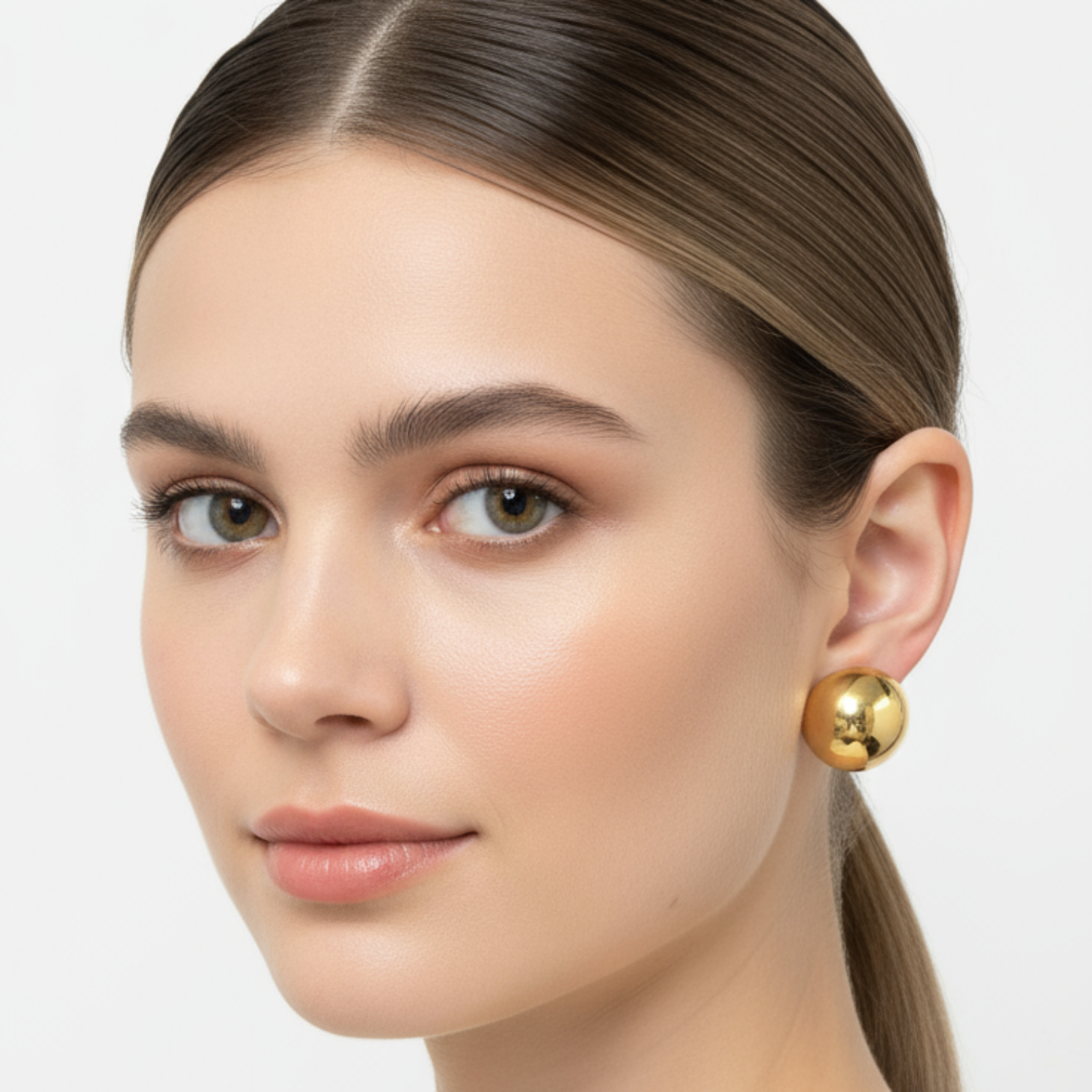 Woman wearing gold earrings against a white background