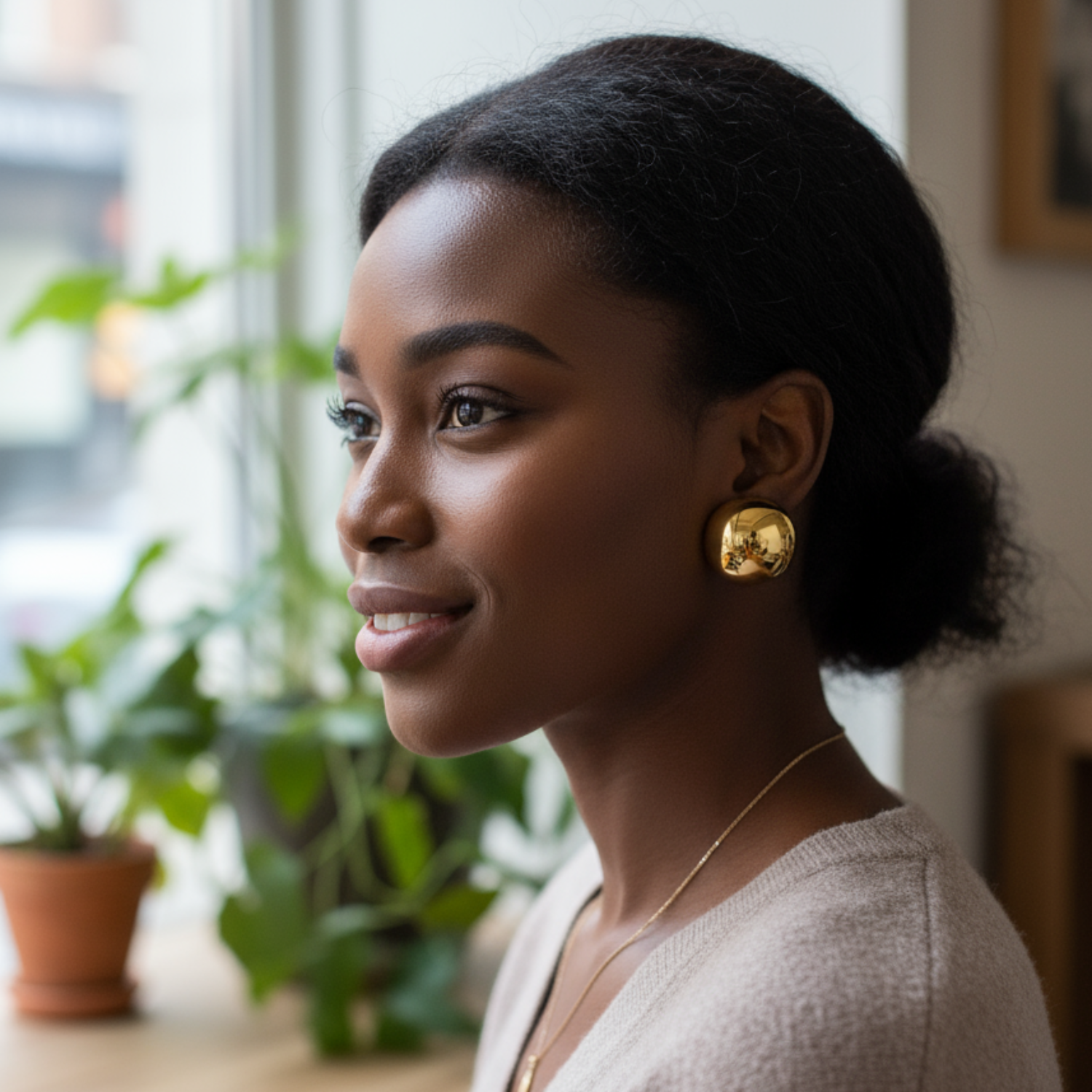 Woman with styled hair and earrings in a casual indoor setting
