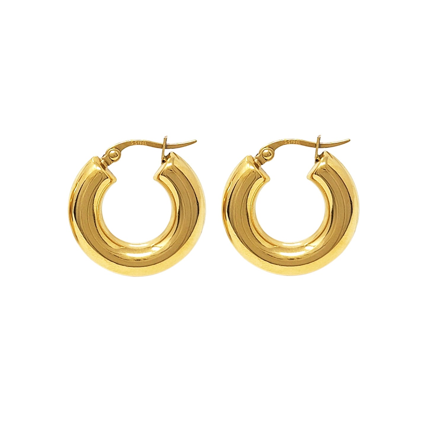 Gold hoop earrings on a white background