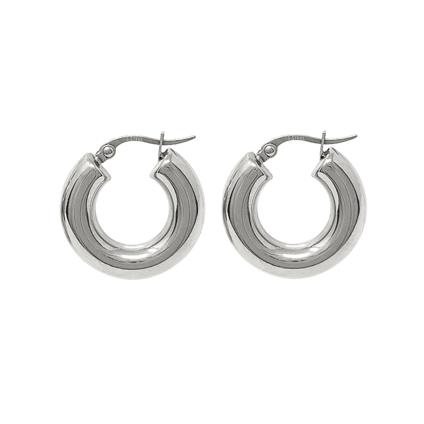 Pair of silver hoop earrings on a white background