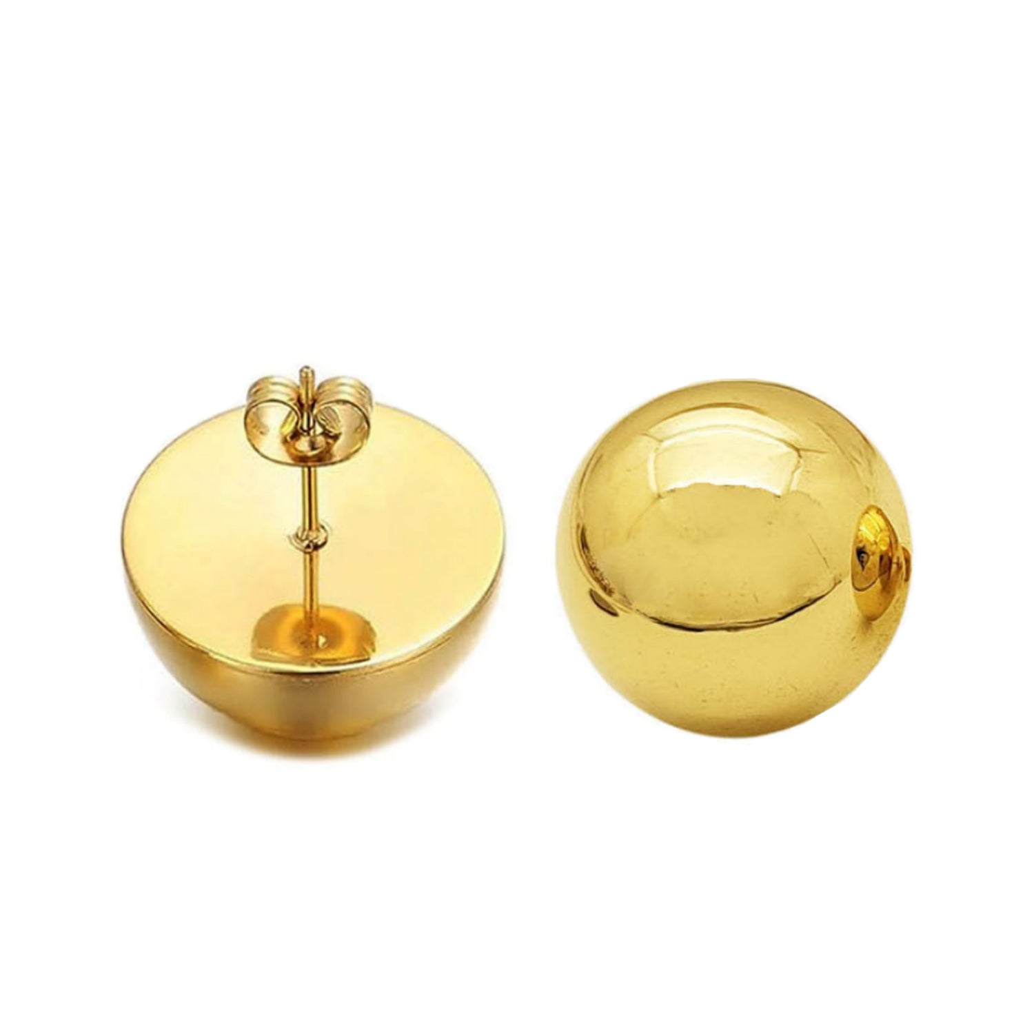 Gold spherical earrings on a white background