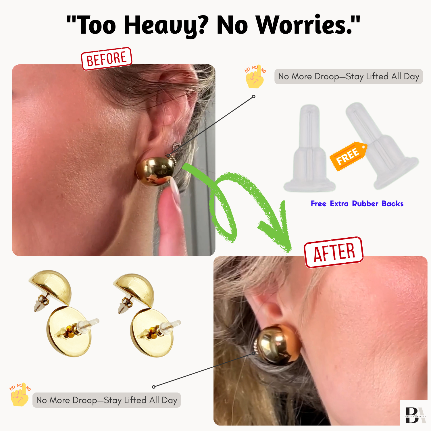 Before and after comparison of gold earrings with lifting device and free rubber backs.