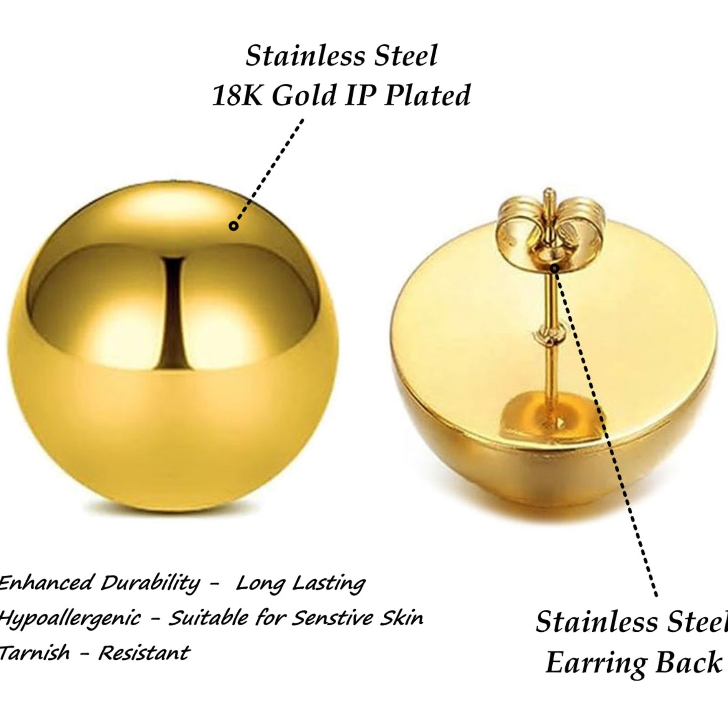 Gold ball earrings with text detailing material and features on a white background