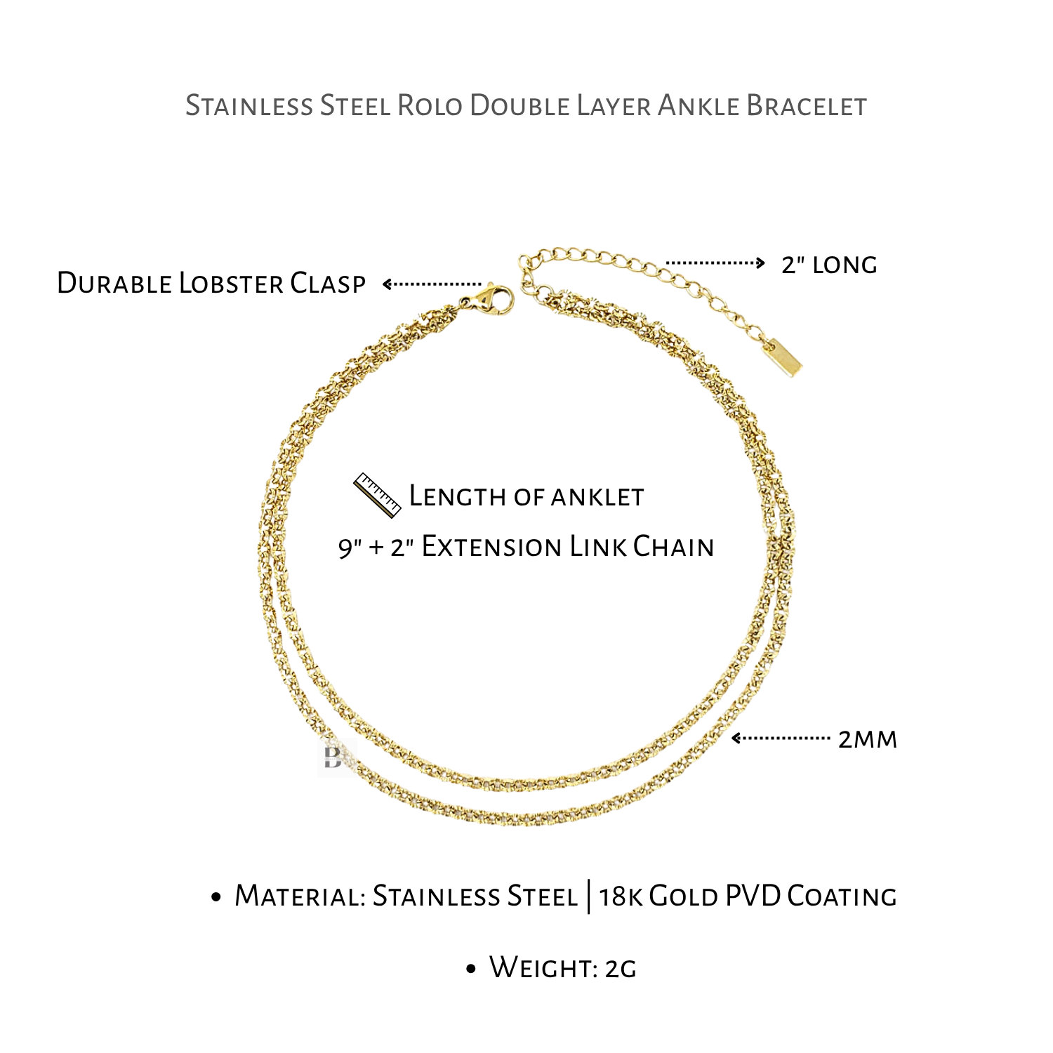 Stainless Steel Rolo Double Layer Ankle Bracelet with labeled features on a white background