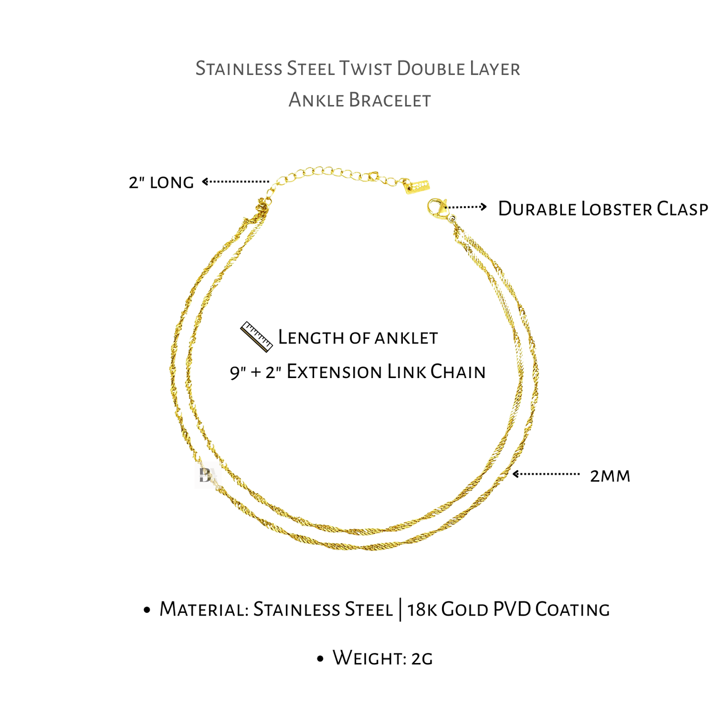 Diagram of a stainless steel twist double layer ankle bracelet with labeled features on a white background.