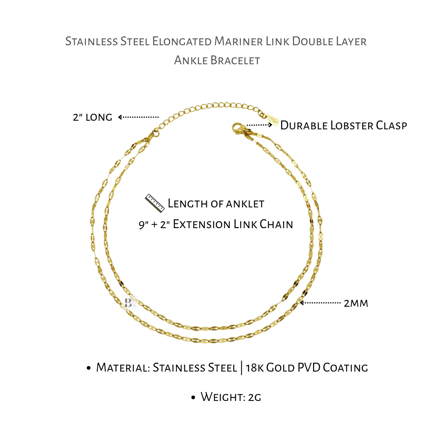 Gold ankle bracelet with labeled features on a white background