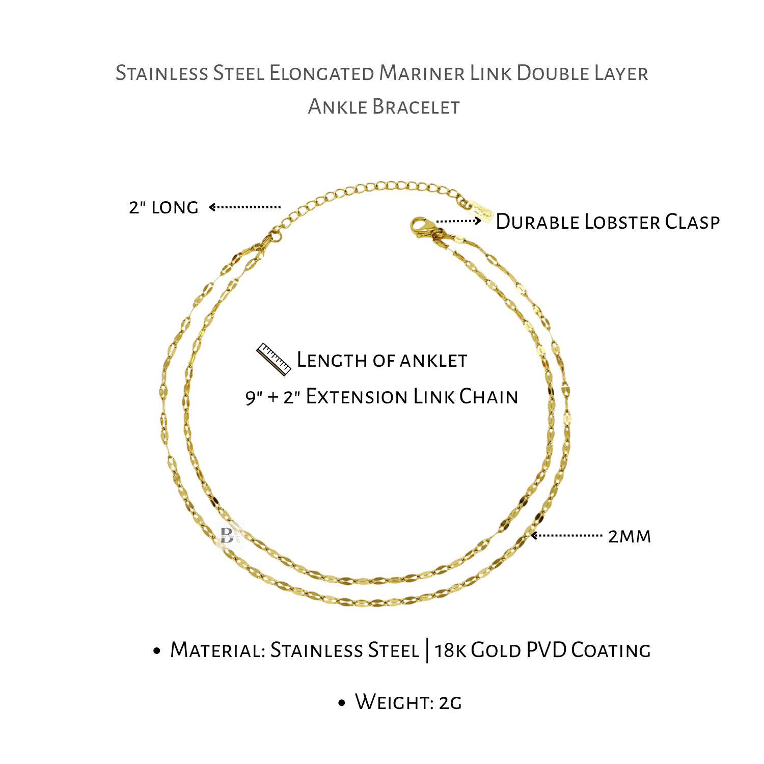 Gold ankle bracelet with labeled features on a white background