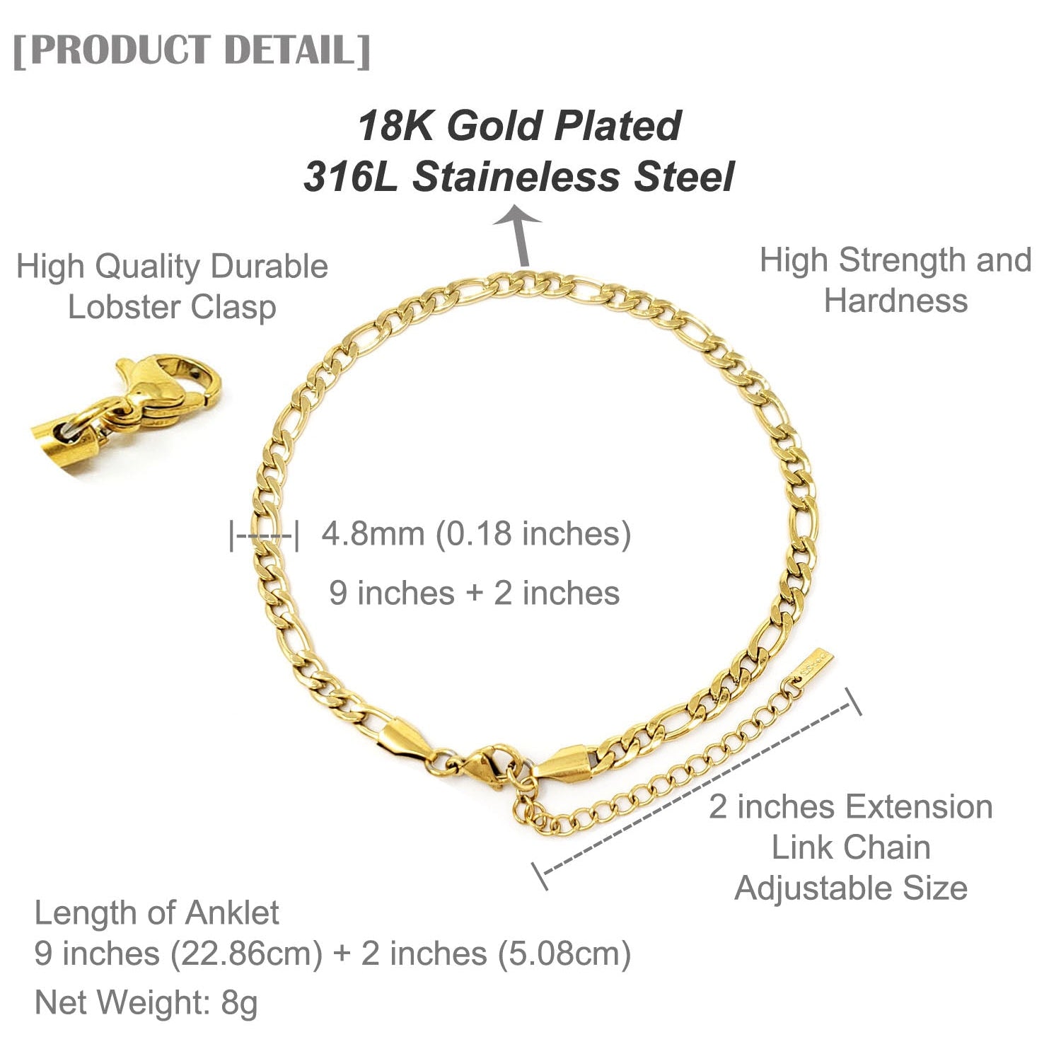 Gold anklet with detailed specifications on a white background