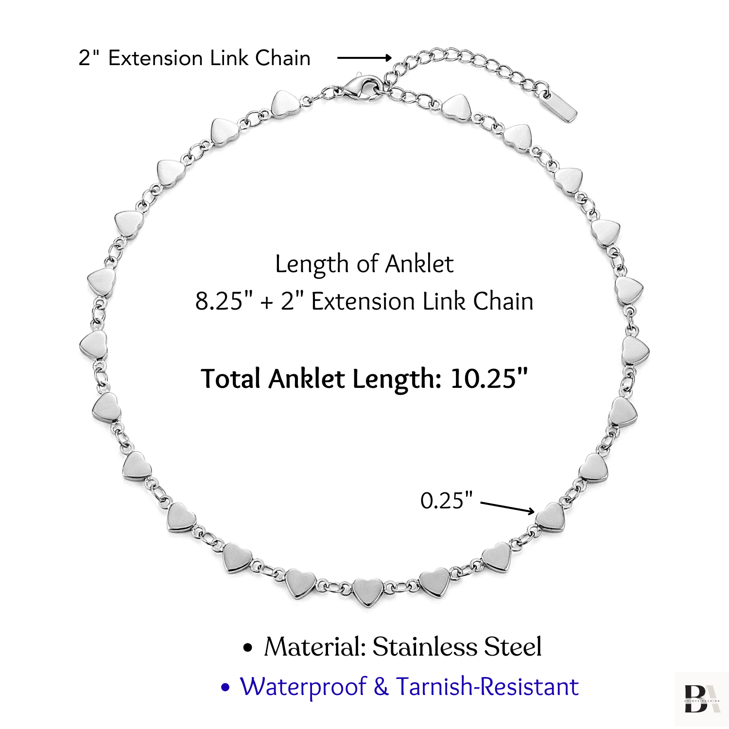 Stainless Steel Heart Chain Anklet detail and size