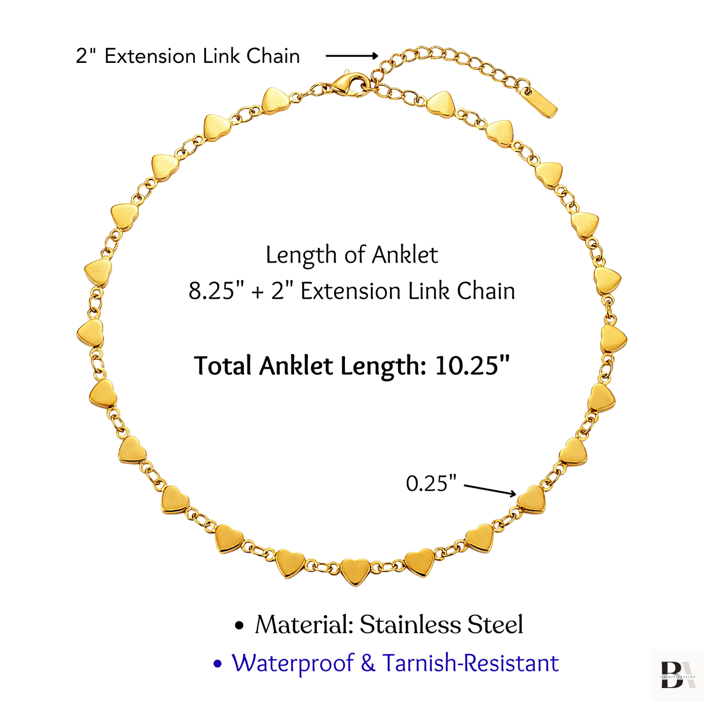 Gold Heart Chain Anklet detail and Size