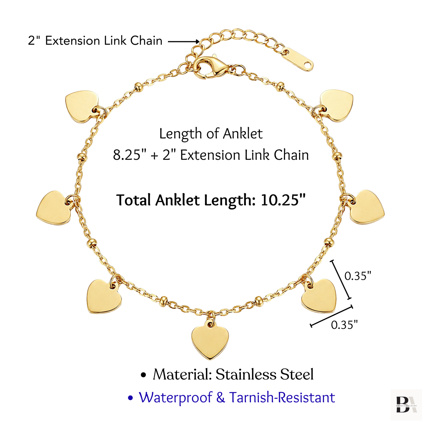 Heart Anklet Detail and Size in Gold Tone