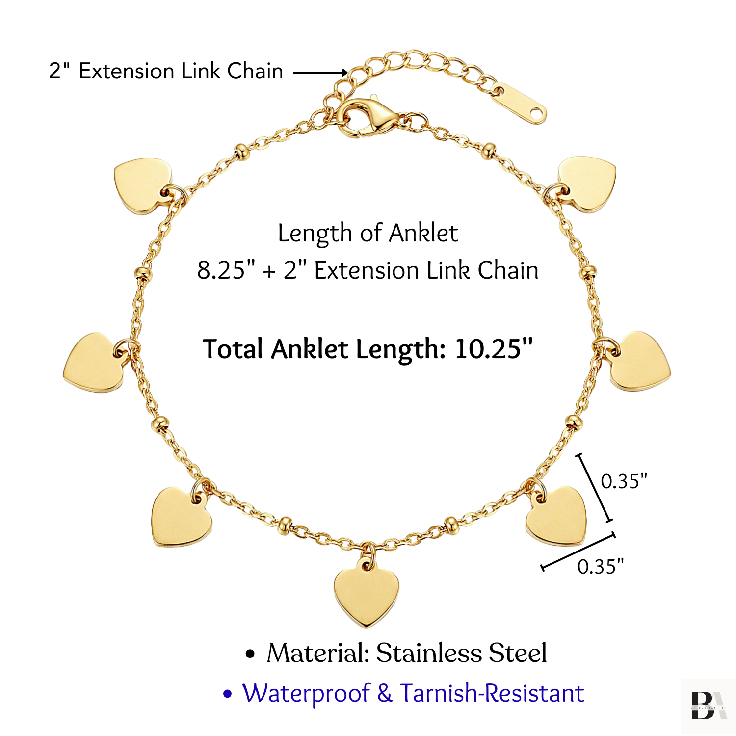 Heart Anklet Detail and Size in Gold Tone