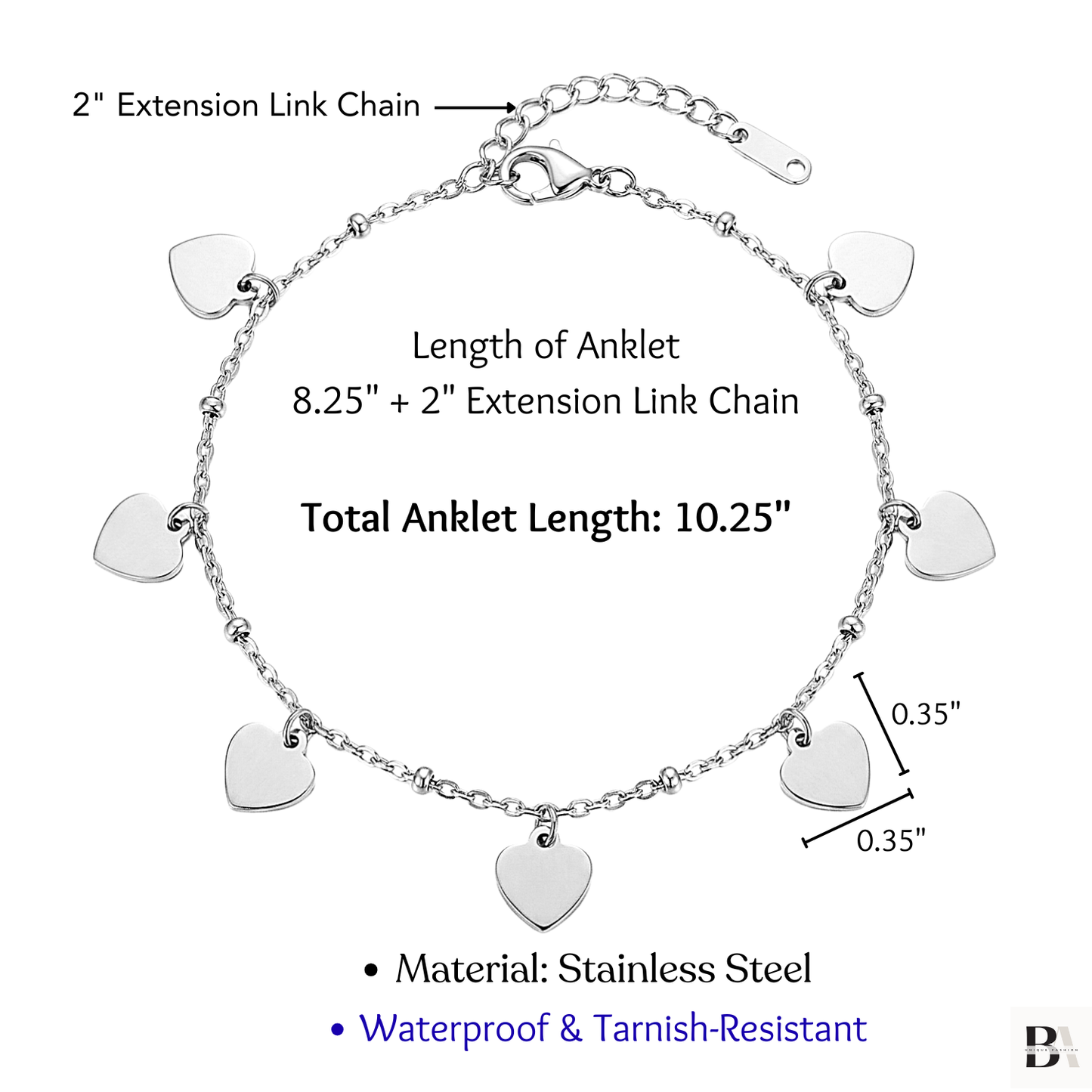 Detail of Heart charm anklet in silver tone