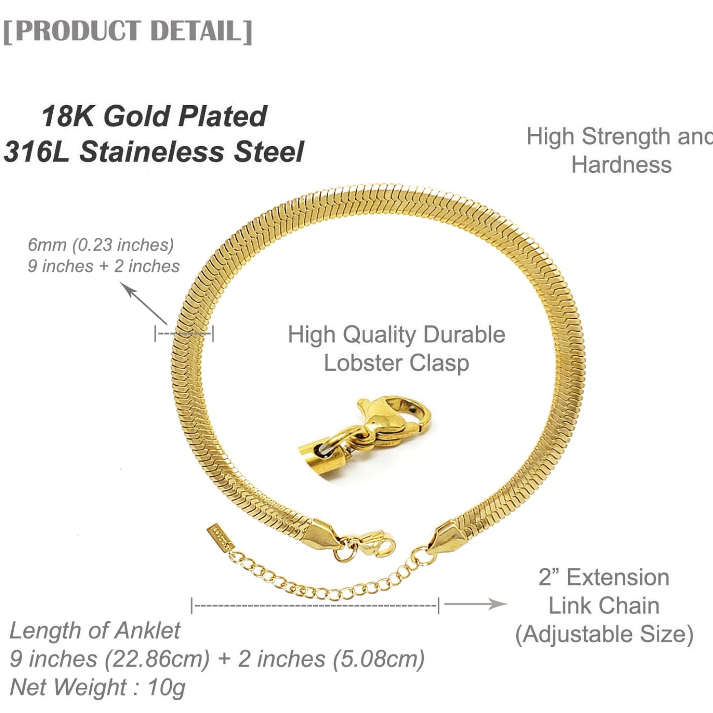 Gold anklet with lobster clasp and detailed specifications on a white background