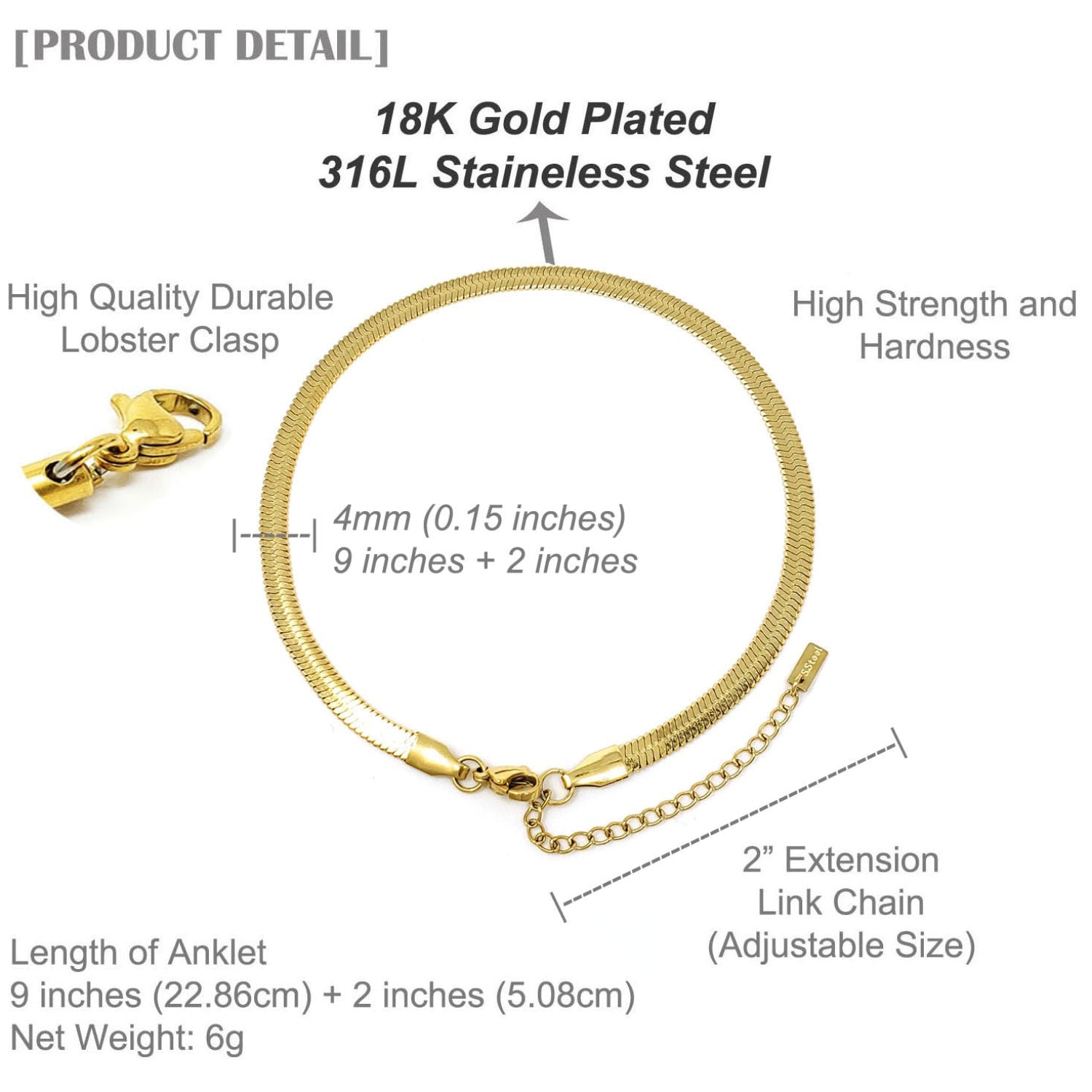 Gold anklet with lobster clasp and extension chain on a white background