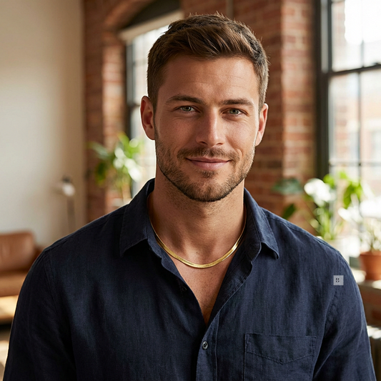 Man wearing a navy blue shirt with a gold necklace in a room with brick walls and plants.