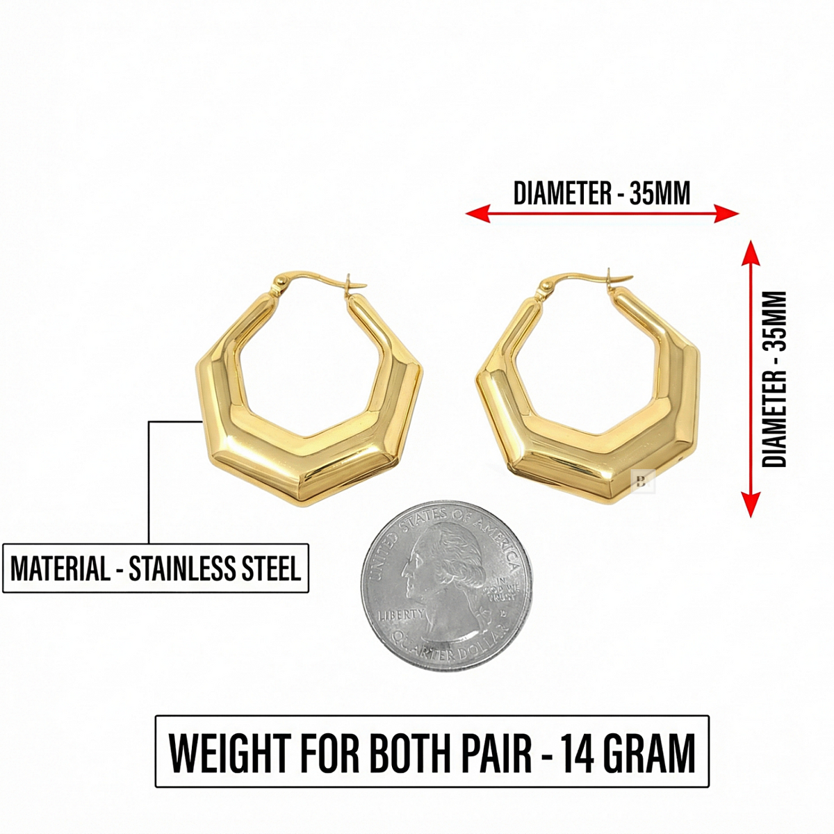 Showing Stainless steel hexagon hoop earring's size and material 