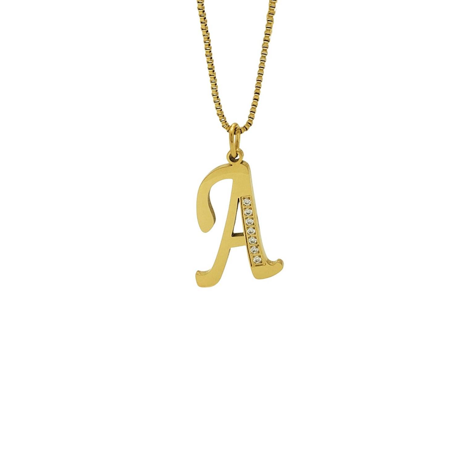 Gold necklace with 'A' pendant on a white background