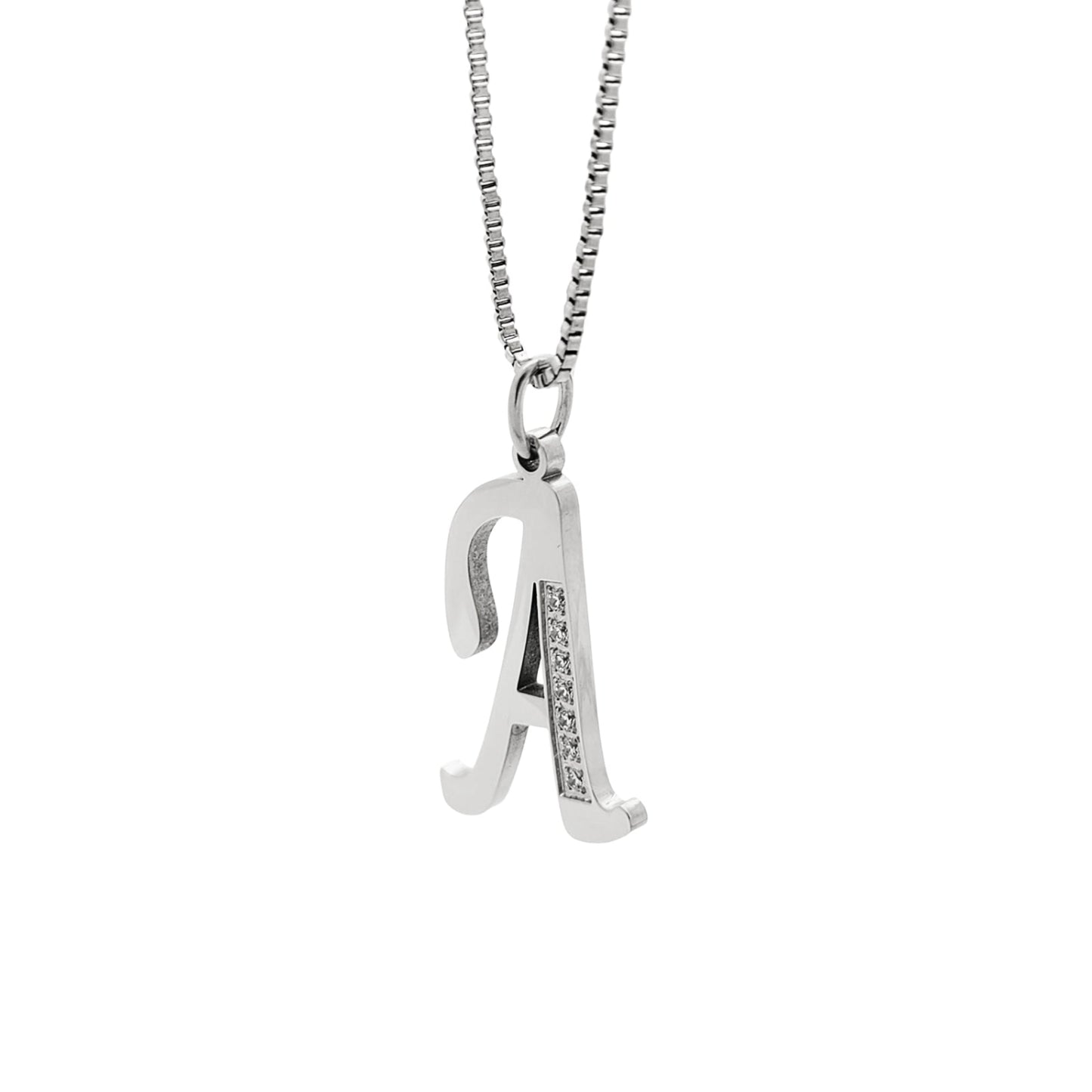 Silver necklace with a letter 'A' pendant on a white background