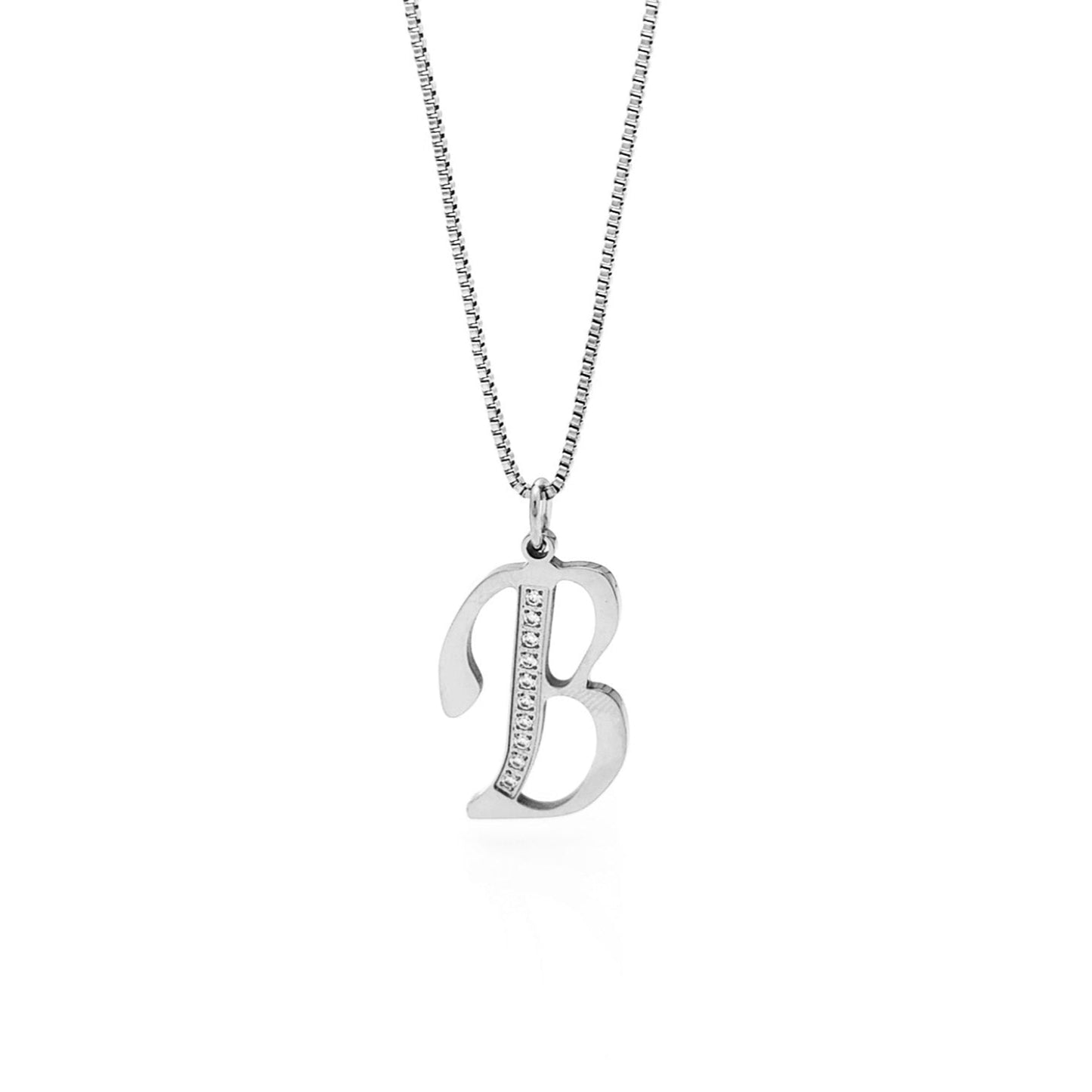 Silver necklace with a 'B' pendant on a white background