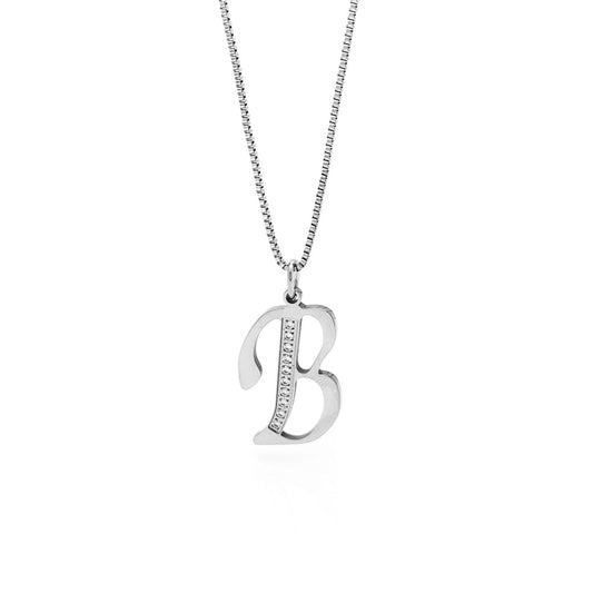 Silver necklace with a 'B' pendant on a white background