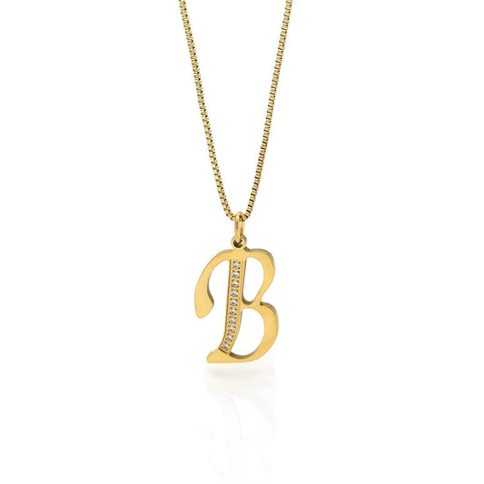 Gold necklace with a 'B' pendant on a white background