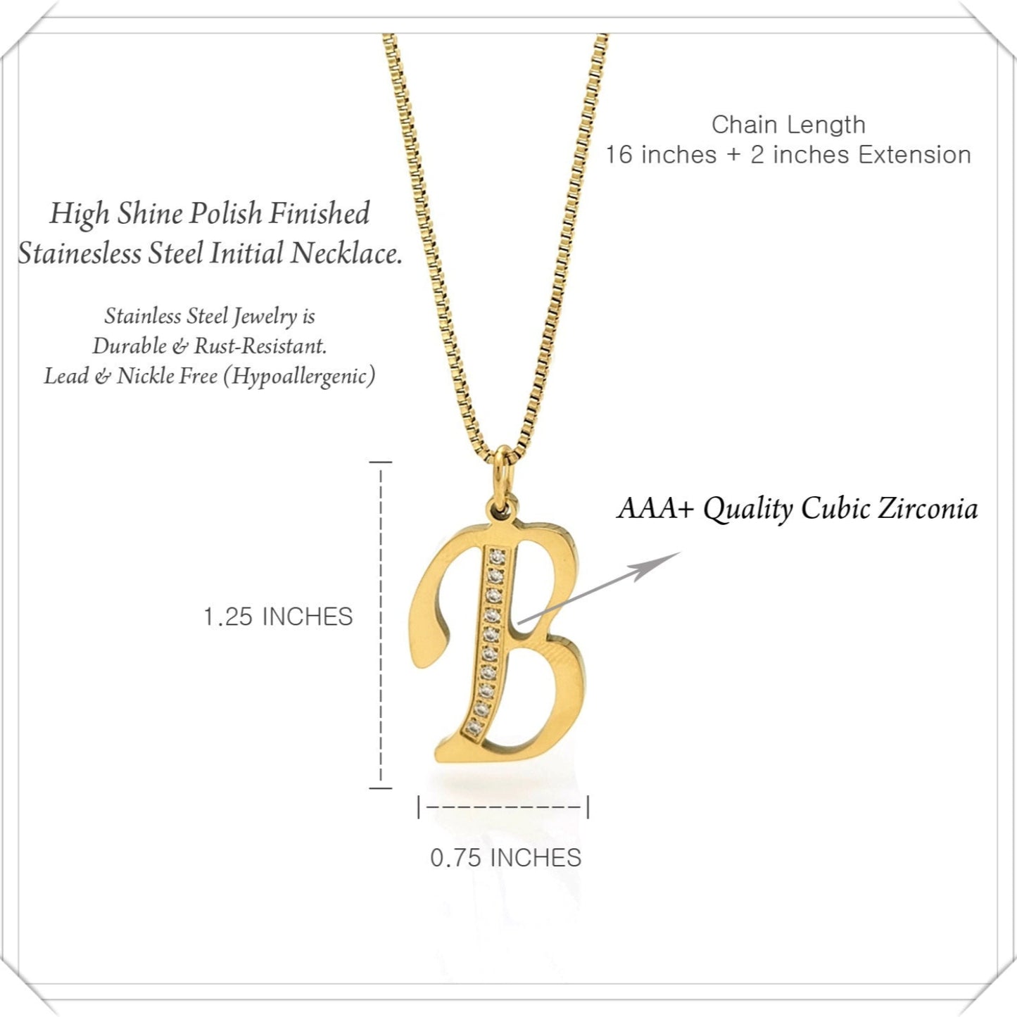 Gold necklace with 'B' pendant and product details on a white background