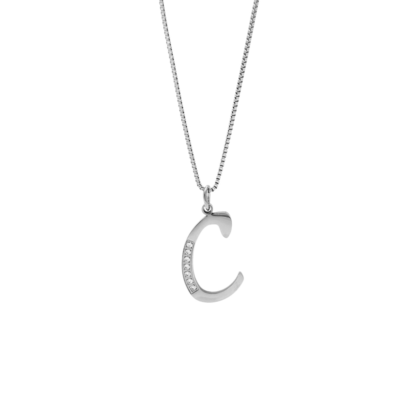Silver necklace with a 'C' pendant on a white background