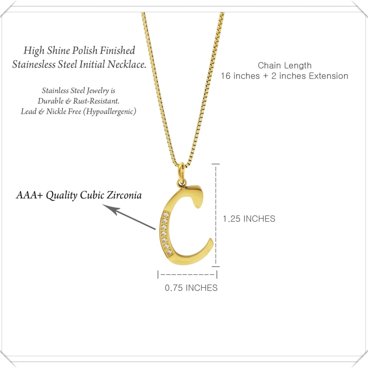 Gold necklace with letter 'C' pendant and product details on a white background