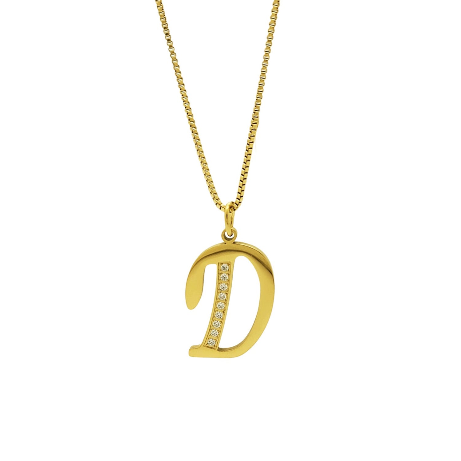 Gold necklace with a 'D' pendant on a white background