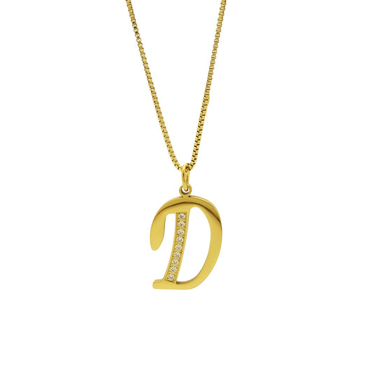 Gold necklace with a 'D' pendant on a white background