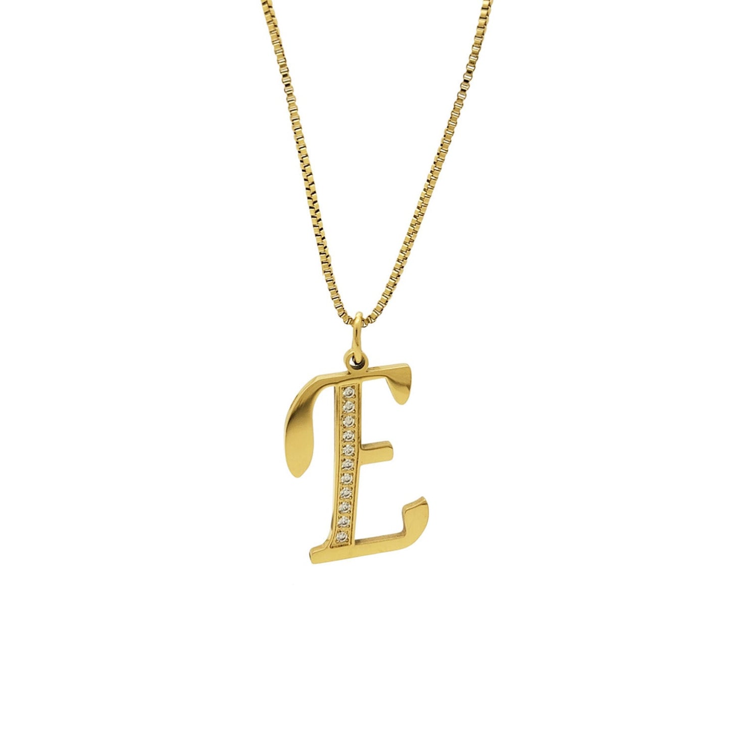 Gold necklace with a 'E' pendant on a white background