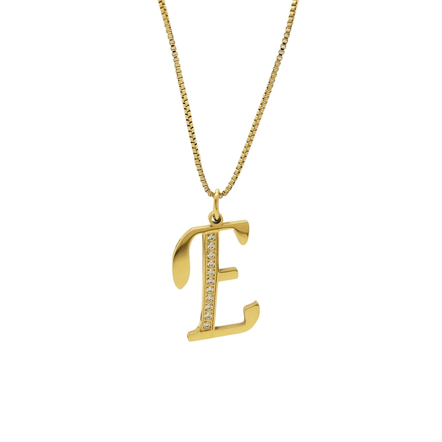 Gold necklace with a 'E' pendant on a white background