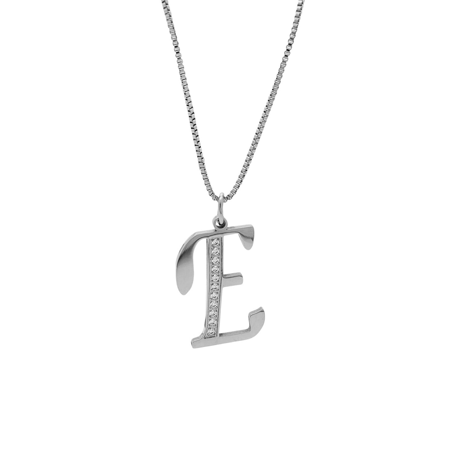 Silver necklace with 'E' pendant on a white background