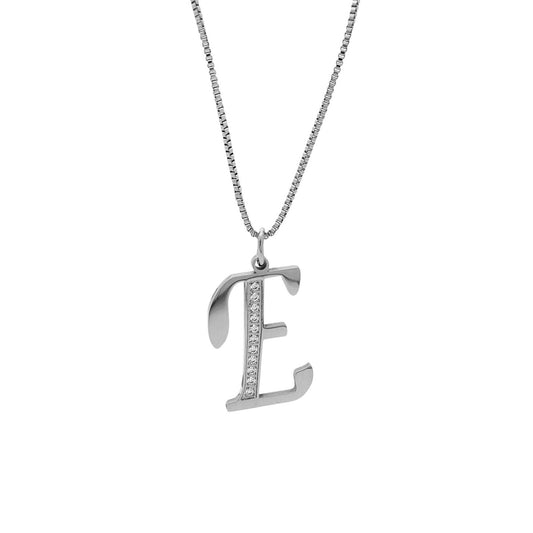 Silver necklace with 'E' pendant on a white background