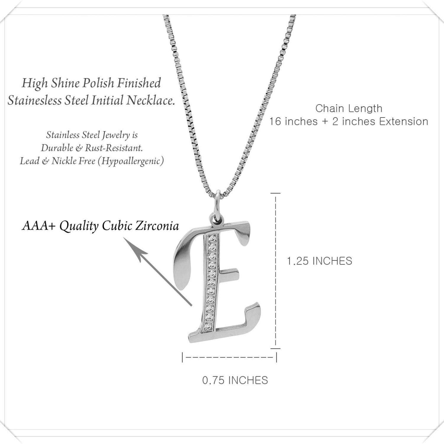 Silver necklace with 'E' pendant and product details on a white background