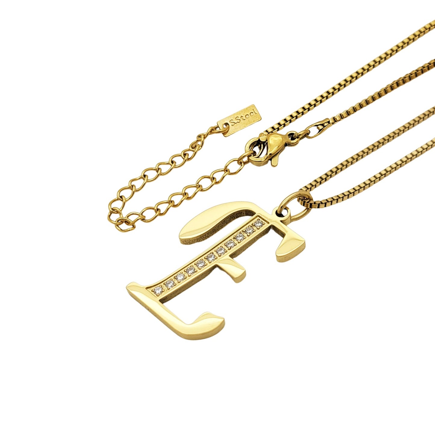 Gold E necklace with a unique pendant on a white background