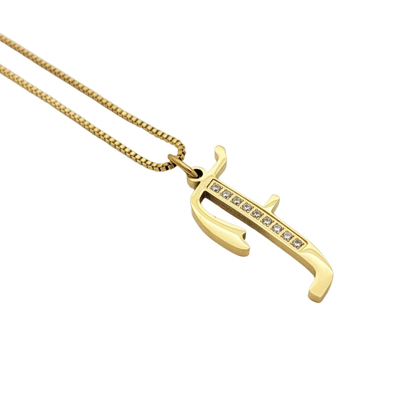 Gold F necklace with a unique pendant on a white background