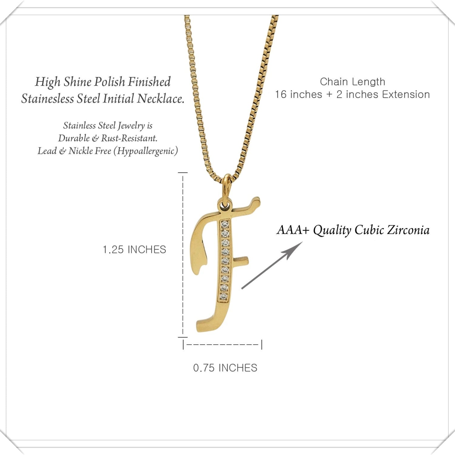 Gold necklace with letter 'F' pendant and zirconia stones, labeled with product details.
