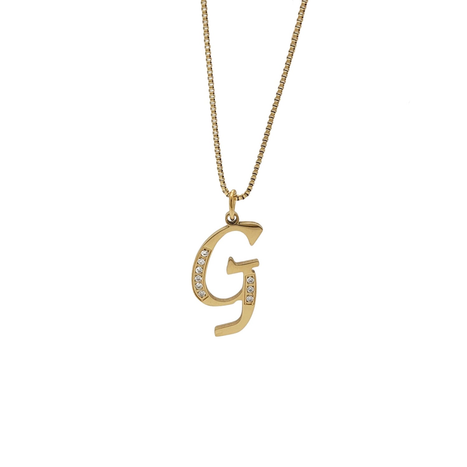 Gold necklace with a 'G' pendant on a white background