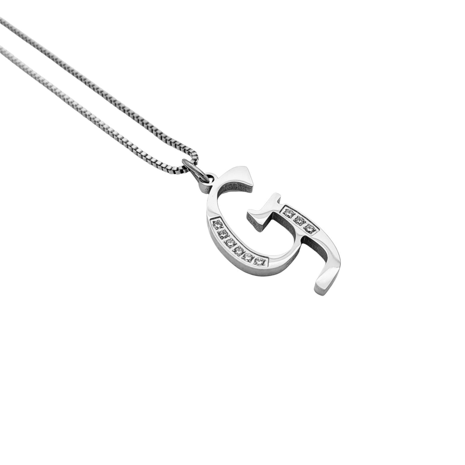 Silver G necklace with a unique pendant on a white background