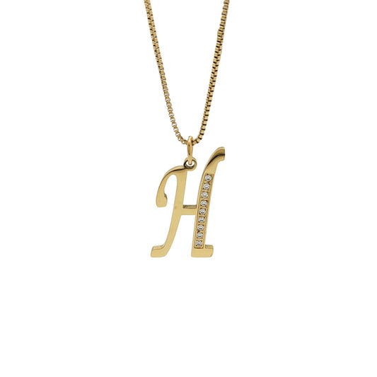 Gold necklace with 'H' pendant on a white background