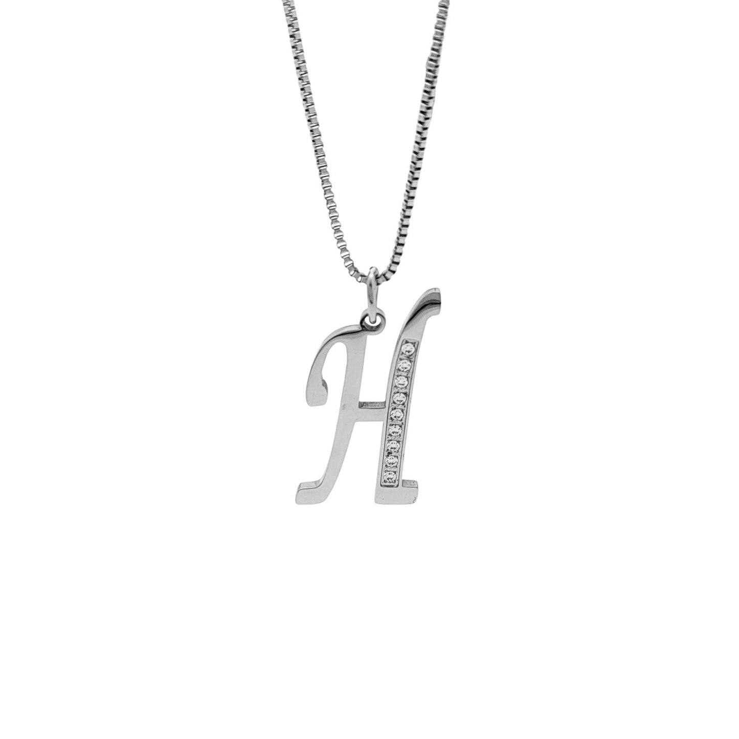 Silver necklace with a letter 'H' pendant on a white background