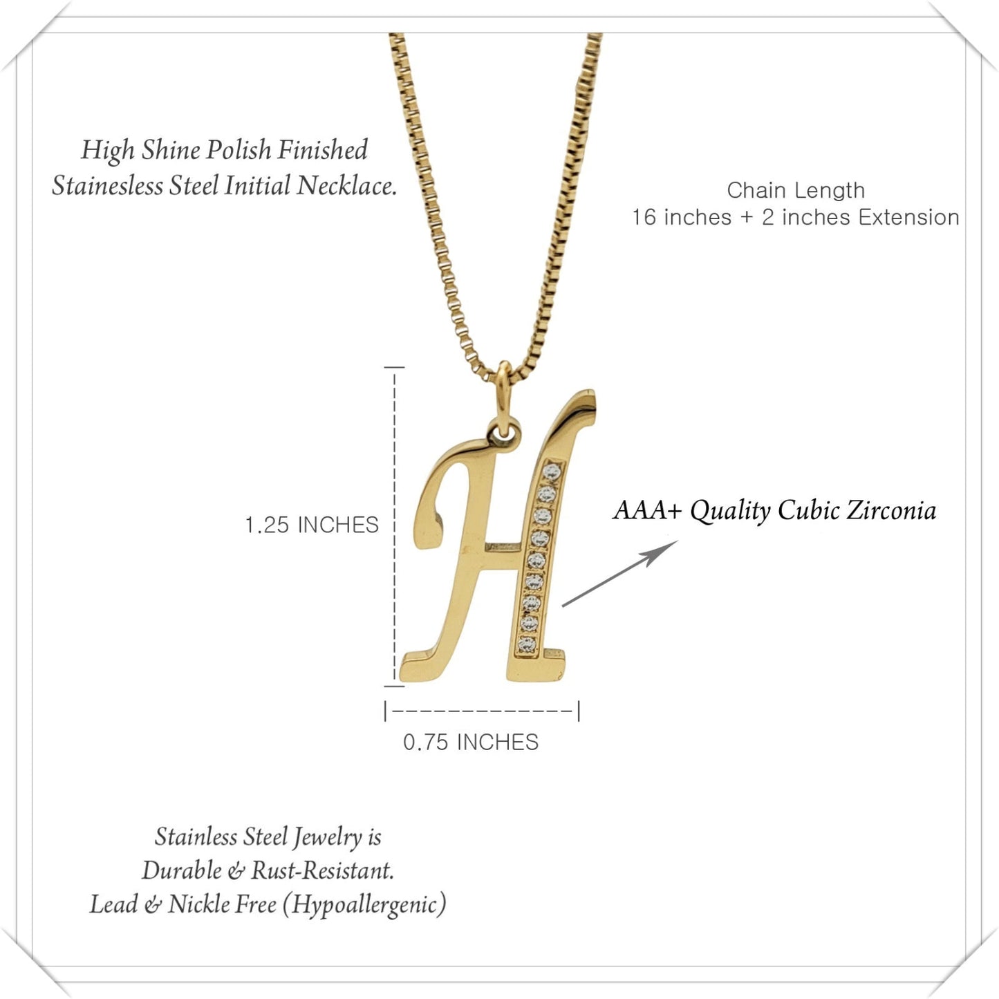 Gold necklace with 'H' pendant and zirconia stones, labeled with product details on a white background.